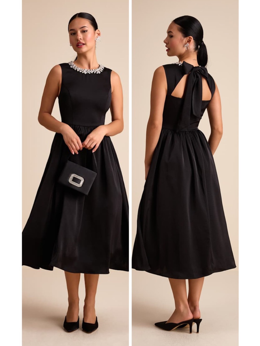 Lulus Marietta Black Satin Rhinestone Sleeveless Midi Dress Size Large Formal